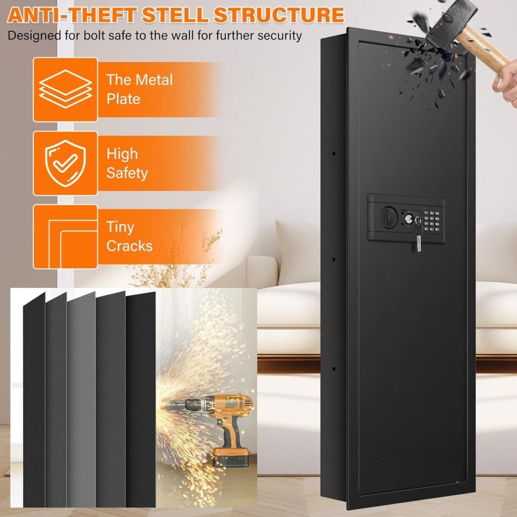 43.5 Tall Fireproof Wall Safes Between the Studs, Large Home Wall Safe With Combio Lock and Removable Shelf, Heavy Duty Hidden Wall Safe for Home Firearms Money Important Documents Valuables