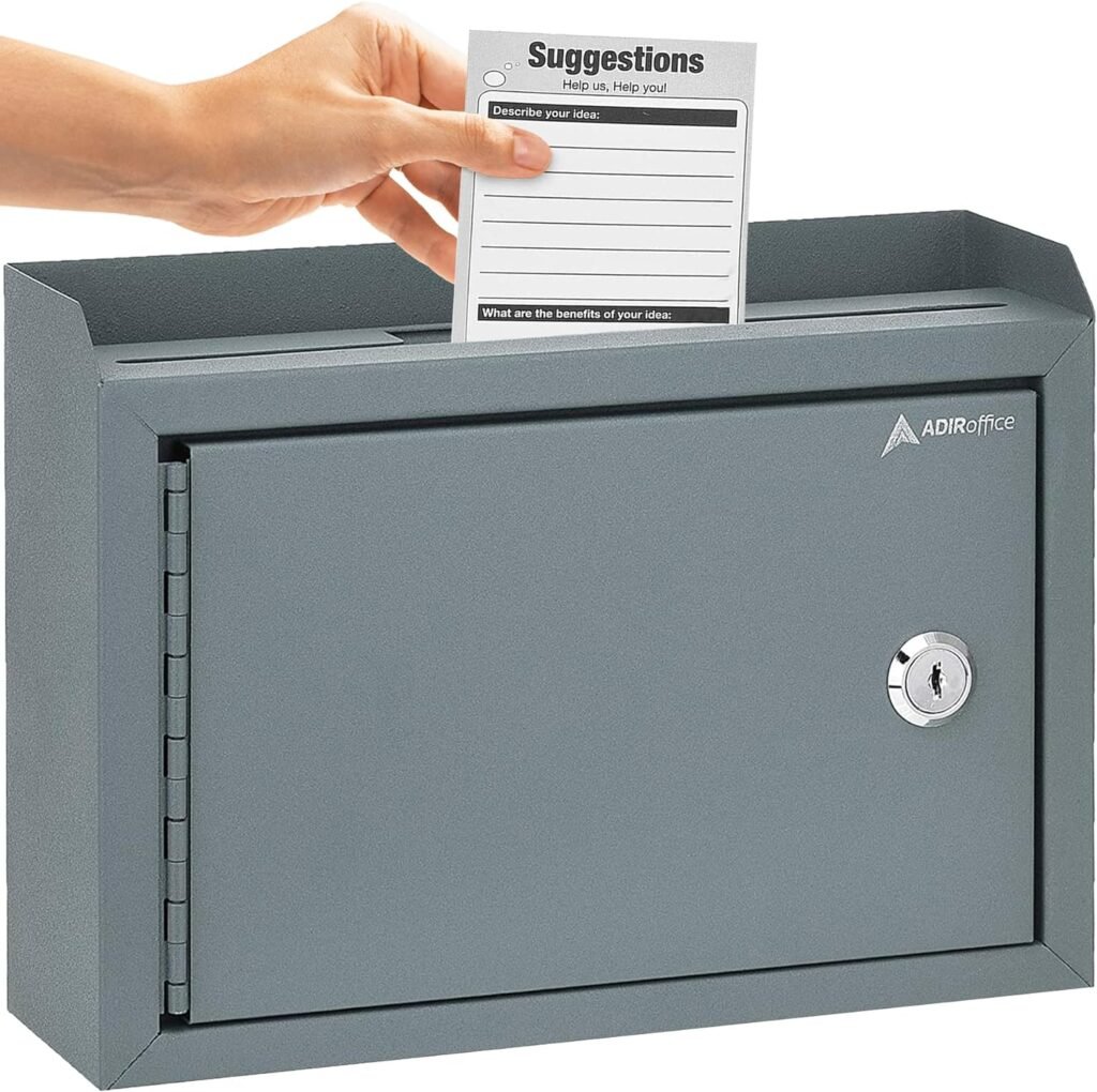 AdirCorp. Wall Mountable Steel Suggestion Box with Lock - Donation Box - Collection Box - Ballot Box - Key Drop Box - 9.75x7x3 - Gray