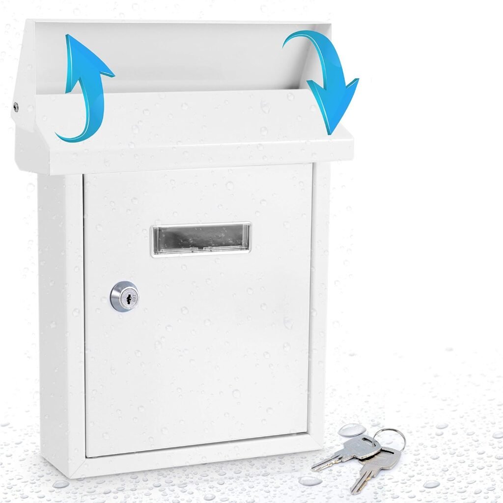 SereneLife Weatherproof Wall Mount Locking Mailbox - Galvanized Steel w/ Metal Flap for Mail Insertion, Home Decorative  Office Business Parcel Box Drop Secure Lock - SLMAB01, 10 X 3.9 X 12.4