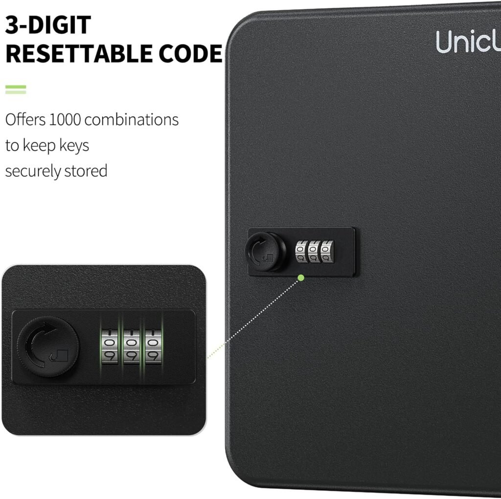 Uniclife 48-Key Steel Key Cabinet with Combination Lock Wall Mounted Key Organizer with Resettable Code Black Digital Security Box with Hooks and Key Tag Labels Identifiers in 9 Assorted Colors