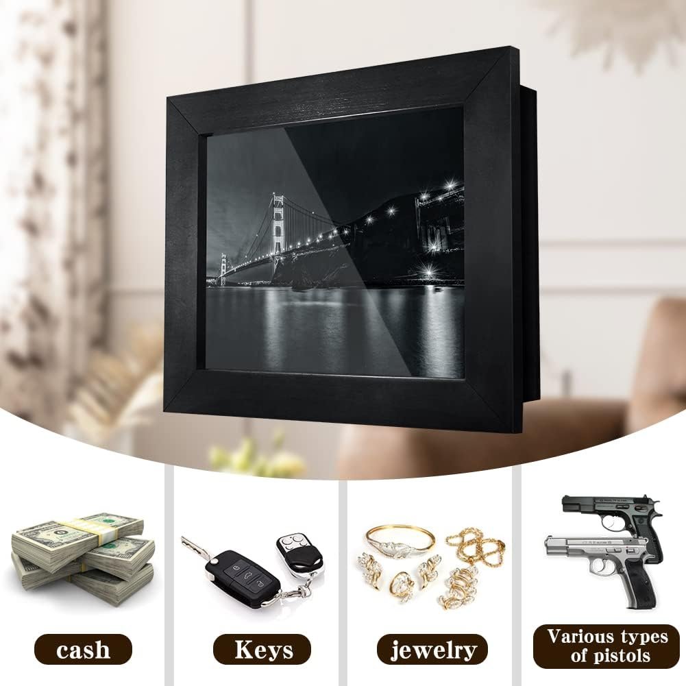 Hidden Gun Storage, Concealment Gun Safes for Pistols, Secret Decor Solid Wooden Handgun Picture Frames Box (Black)