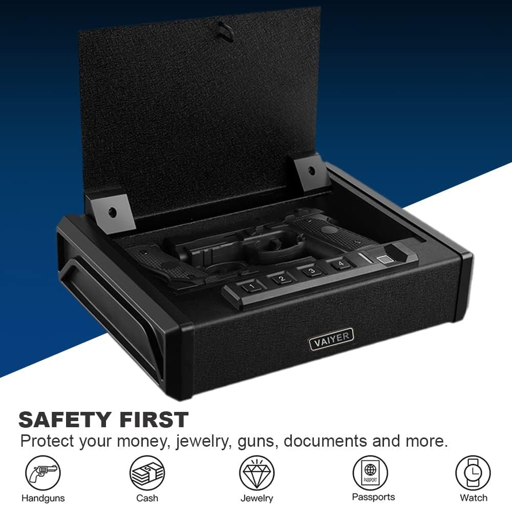 Vaiyer Gun Safe for Pistols, Biometric Pistol Safe Firearm Quick-Access Safe with Fingerprint Lock  Key Pad, Smart Handgun Safe Gun Lock Box for Home, Office