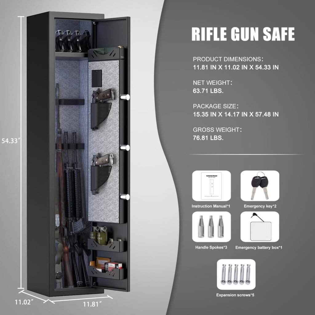 57.09 Fireproof Gun Safe, Quick Access 5 Rifle Gun Safe, Gun Safe for Home Rifle and Pistols with LCD Screen Keypad and Silent Mode, for Rifles, Shotguns, Pistols