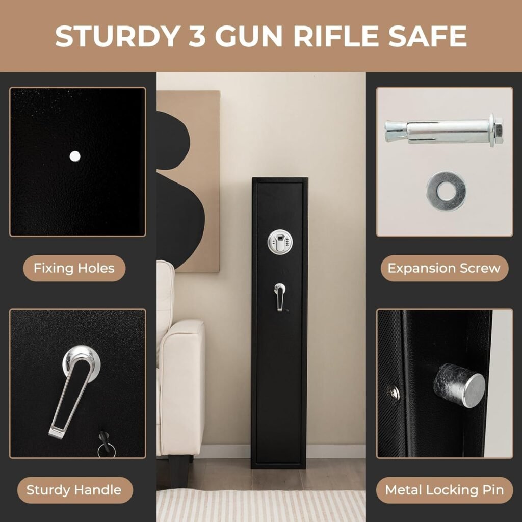 Goplus Gun Safe, Biometric Fingerprint 3-Gun Rifle Safe w/Pistol Pockets, Adjustable Gun Racks, Alarm System, Heavy Duty Gun Locker w/Digital Keypad,Emergency Keys, Gun Cabinet for Home Rifle Pistols