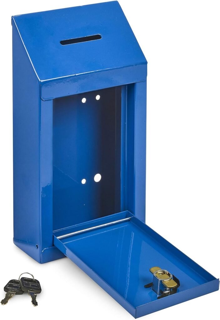 Metal Donation Box Charity Steel Collection Box Office Suggestion Box Secure Box With Top Slot and Lock with Keys Wall Mount with pre drilled holes 10x6x2.5 Key Drop Box for Home Office(Blue)