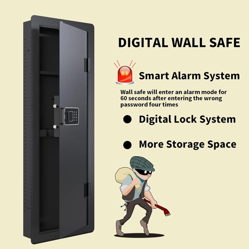 53 Tall Wall Gun Safe Between Stud, Hidden In Wall Rifle Safes Heavy Duty Cabinet Safe Wall Long Gun Safe for Home with Removable Shelf  Digital Keypad, Security Wall Safe for Guns Money Valuables