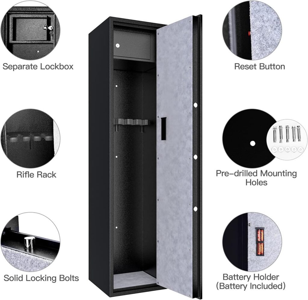 COSTWAY Large Rifle Safe, Long Gun Safe for Rifle Shotgun, 5-Gun Metal Security Storage Cabinet with Handgun Lockbox, Digital Keypad  Emergency Keys, Quick Access Gun Safety for Home