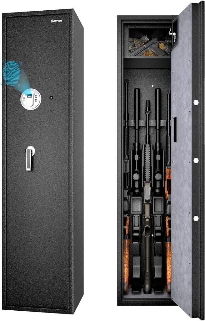 COSTWAY Large Rifle Safe, Long Gun Safe for Rifle Shotgun, 5-Gun Metal Security Storage Cabinet with Handgun Lockbox, Digital Keypad  Emergency Keys, Quick Access Gun Safety for Home